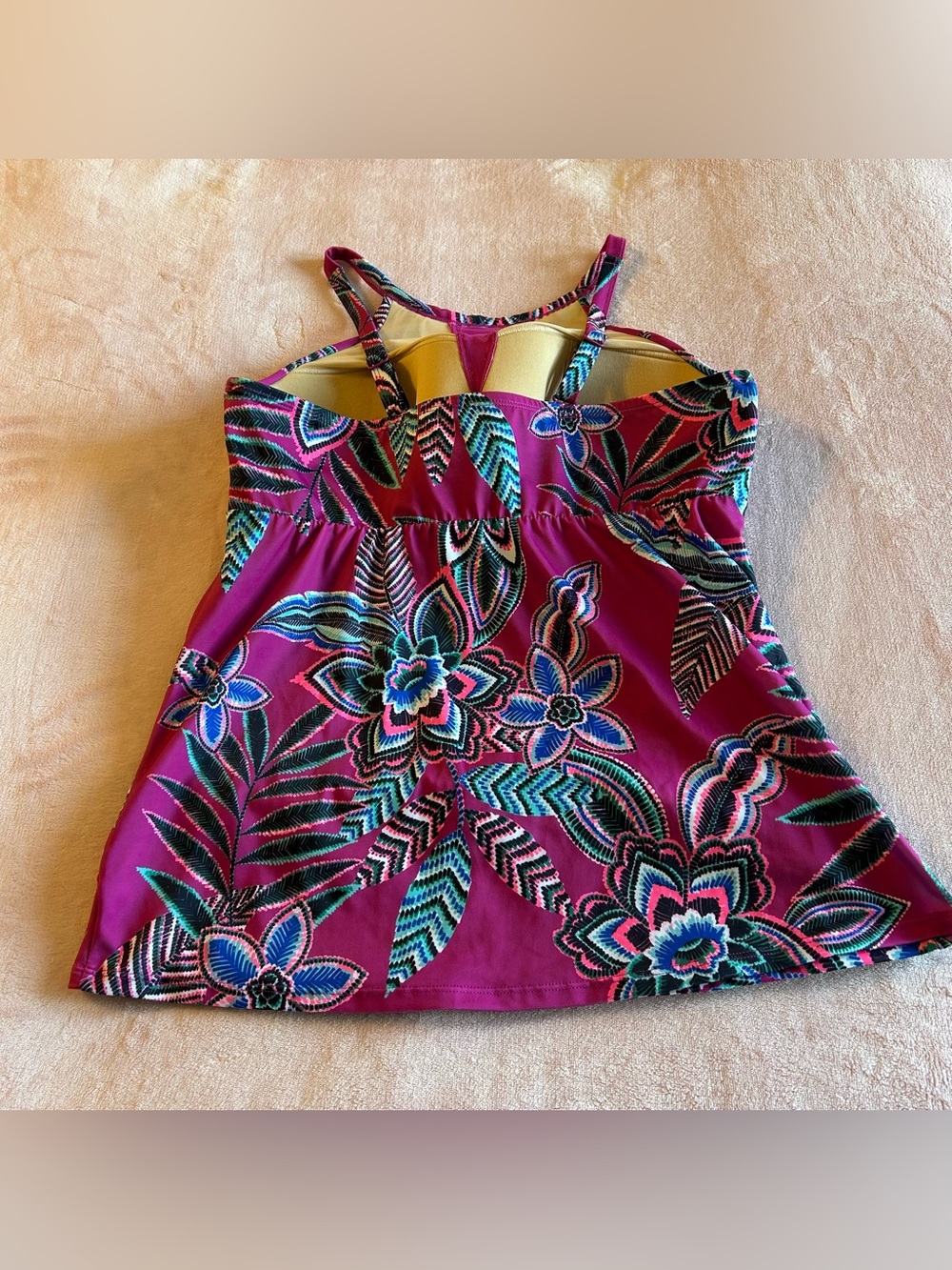 Cacique Swim purple floral print high neck mesh cutout shirrred sides tankini 16 - Picture 3 of 7